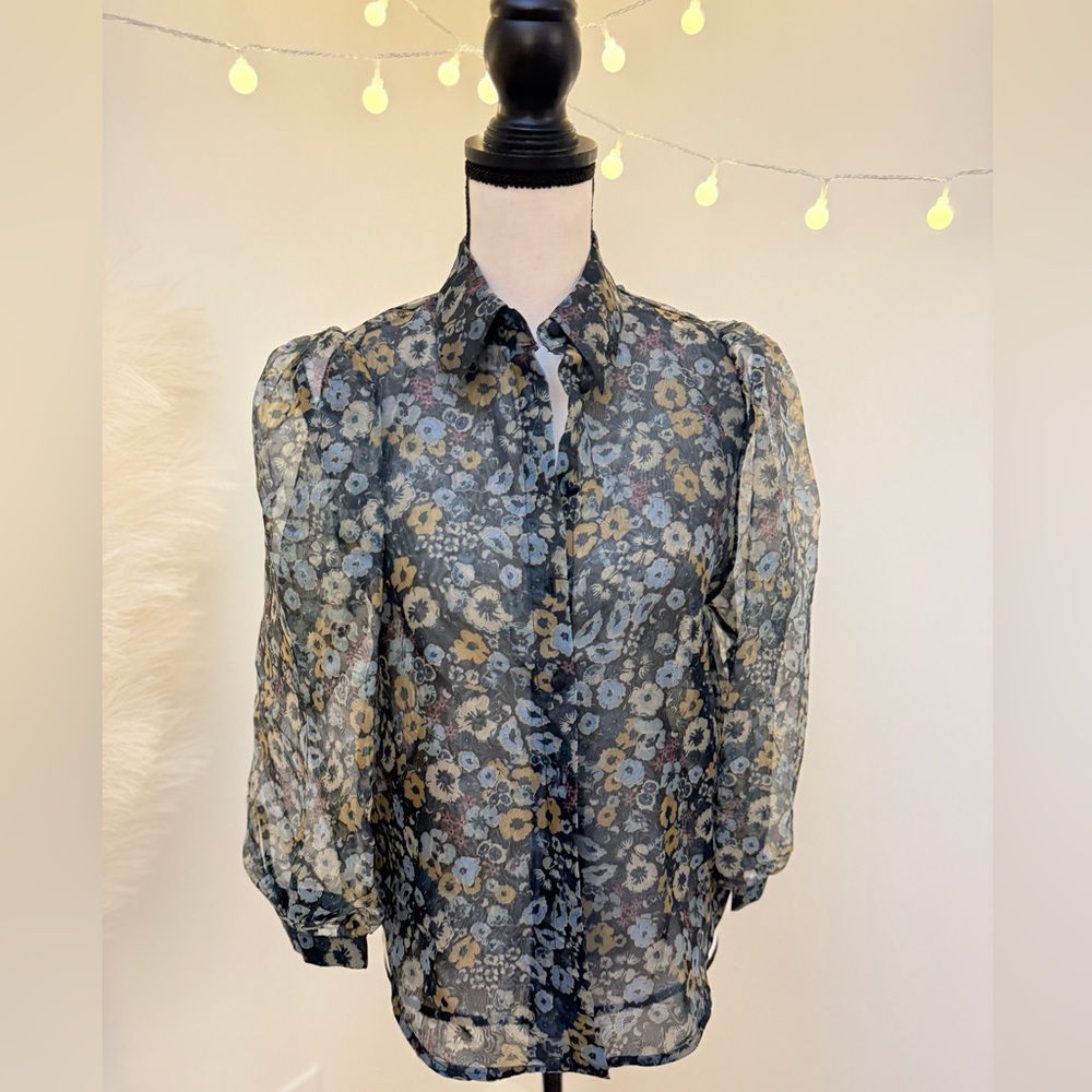 Stradivarius White and Blue Puff Sleeve Blouse